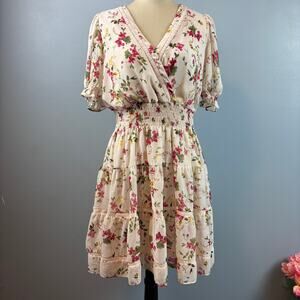 Taylor Floral Tiered Ruffle Deep V Neck Dress Short Sleeve Cottage Core Size 10